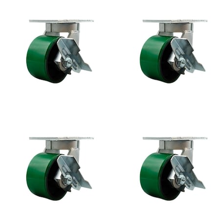Service Caster 6'' Heavy Duty Green Poly on Cast Iron Swivel Caster Set with Brakes, 4PK CRAN-SCC-KP92S630-PUR-GB-SLB-4